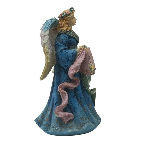 Young's Resin Angel Blue Dress Holding Scarf Filled with Flowers 6" Tall - Picture 3 of 5
